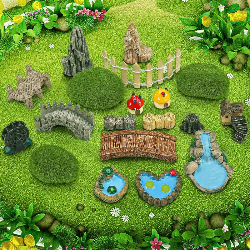 QUOZUO 21 Pcs Fairy Garden Miniatures Accessories Bridge House Landscape Water Well Fence Figurines Pond Mushroom Lawn Garden Ornament for DIY Craft Succulent Decor - Image 5